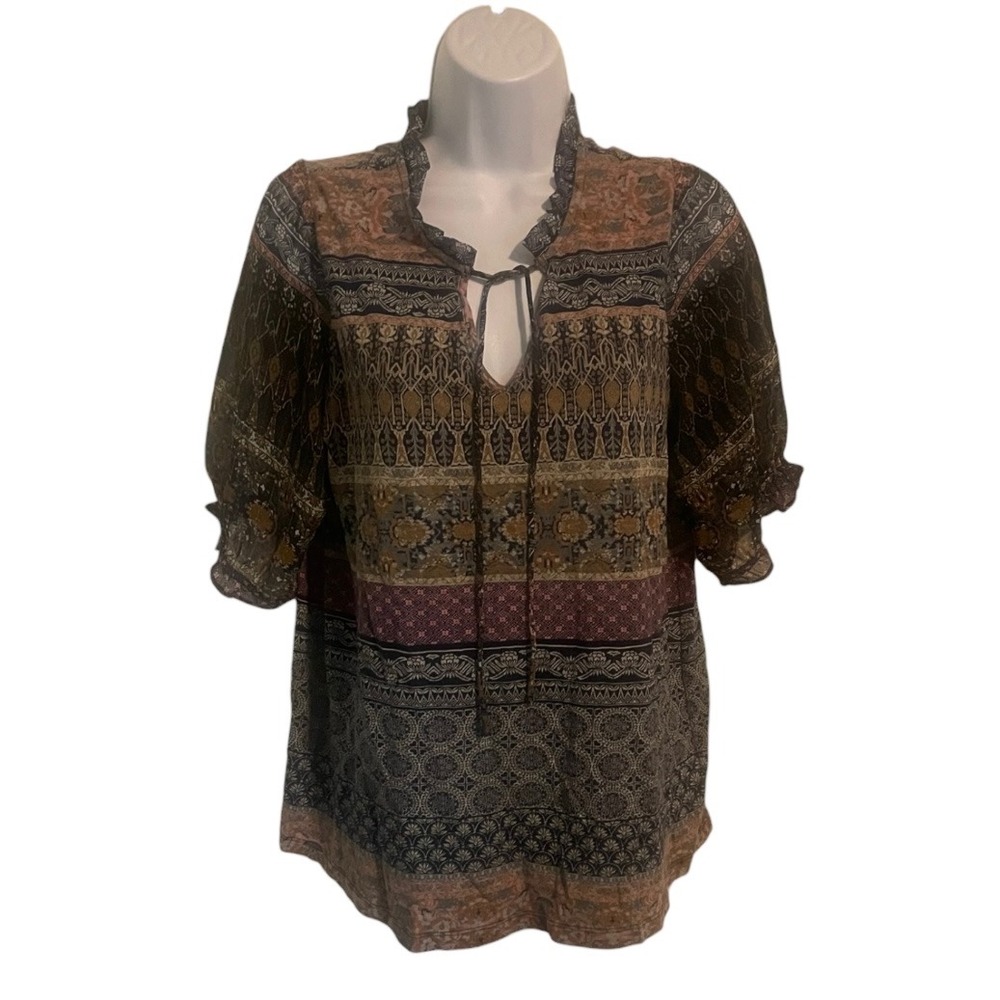 Lucky Brand Women's M/M Boho Aztec Print Ruffle Neck Tie Blouse Top‎
